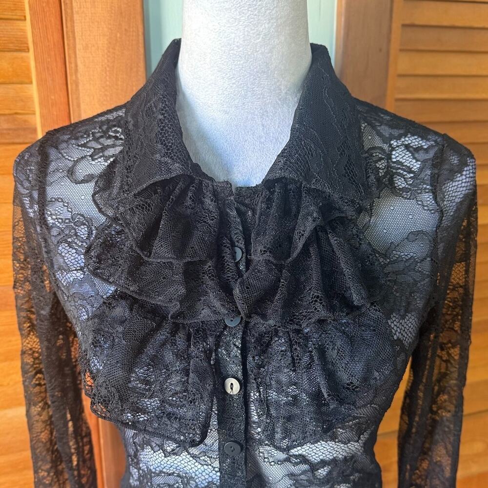 Dolls Kill Gothic Victorian Vampire Vkei Black Lace Jabot Ribbon Bow Top L - Picture 8 of 8